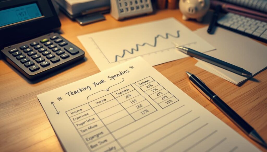 A neatly organized desk, illuminated by warm, soft lighting, showcases an array of financial documents, a calculator, and a pen. In the foreground, a hand-drawn budget worksheet with categories and percentages stands out, emphasizing the importance of tracking expenses. The middle ground features a stylized graph or chart, visually representing the flow of income and expenditures. The background subtly incorporates a calendar, a piggy bank, and other financial icons, creating a balanced and visually engaging scene that encapsulates the essence of "Tracking Your Spending" within the broader context of "Budgeting 101."