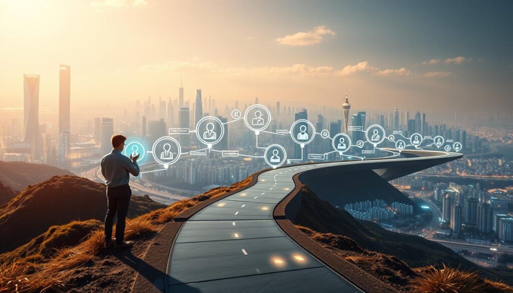 A panoramic view of a virtual career growth roadmap, featuring a winding path leading through a vibrant digital landscape. In the foreground, a figure navigates the path, examining a glowing mentor icon. The middle ground showcases a series of interconnected milestones and achievements, represented by shimmering holograms. In the background, a vast cityscape of towering data structures and gleaming infrastructure conveys a sense of technological advancement. The scene is illuminated by a warm, diffused light, creating a dreamlike, aspirational atmosphere. A panoramic view of a virtual career growth roadmap, featuring a winding path leading through a vibrant digital landscape. In the foreground, a figure navigates the path, examining a glowing mentor icon. The middle ground showcases a series of interconnected milestones and achievements, represented by shimmering holograms. In the background, a vast cityscape of towering data structures and gleaming infrastructure conveys a sense of technological advancement. The scene is illuminated by a warm, diffused light, creating a dreamlike, aspirational atmosphere.