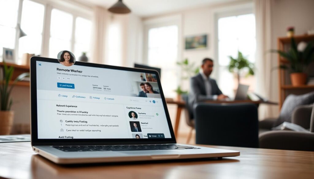 A remote worker's LinkedIn profile showcasing their relevant experience. The foreground features a laptop displaying a clean and polished profile page, with a modern and minimalist design. The middle ground depicts the remote worker, dressed professionally, engaged in a video call, emphasizing their virtual communication skills. The background setting is a cozy, yet productive home office, with natural lighting filtering through large windows, creating a warm and inviting atmosphere. The overall mood is one of confidence, adaptability, and a seamless transition to the remote work lifestyle. A remote worker's LinkedIn profile showcasing their relevant experience. The foreground features a laptop displaying a clean and polished profile page, with a modern and minimalist design. The middle ground depicts the remote worker, dressed professionally, engaged in a video call, emphasizing their virtual communication skills. The background setting is a cozy, yet productive home office, with natural lighting filtering through large windows, creating a warm and inviting atmosphere. The overall mood is one of confidence, adaptability, and a seamless transition to the remote work lifestyle.