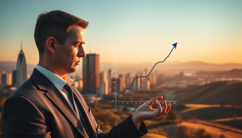 A serene financial landscape with a central figure contemplating a graph depicting the relationship between risk and return. The foreground features the figure, dressed in a tailored suit, meticulously analyzing the data, their face reflecting deep concentration. In the middle ground, a cityscape with towering skyscrapers symbolizes the financial hub, bathed in warm, golden light. The background showcases a horizon with rolling hills, representing the broader investment ecosystem. The scene conveys a sense of balance, thoughtfulness, and the careful consideration required when navigating the delicate interplay between risk and potential rewards. A serene financial landscape with a central figure contemplating a graph depicting the relationship between risk and return. The foreground features the figure, dressed in a tailored suit, meticulously analyzing the data, their face reflecting deep concentration. In the middle ground, a cityscape with towering skyscrapers symbolizes the financial hub, bathed in warm, golden light. The background showcases a horizon with rolling hills, representing the broader investment ecosystem. The scene conveys a sense of balance, thoughtfulness, and the careful consideration required when navigating the delicate interplay between risk and potential rewards.
