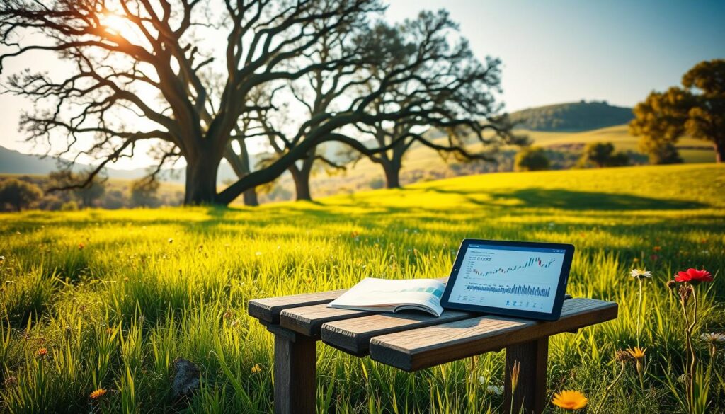 A serene, sun-dappled meadow, lush with verdant grass and dotted with vibrant wildflowers. In the foreground, a wooden bench sits invitingly, upon which rests an open financial report and a tablet displaying stock charts. The middle ground features a row of mature oak trees, their branches swaying gently in a soft breeze. In the background, a rolling hillside is bathed in the warm glow of the afternoon sun, creating a tranquil and contemplative atmosphere. The image conveys the idea of passive income and the steady growth of dividend stocks, perfectly capturing the essence of the "Dividend Stocks" section. A serene, sun-dappled meadow, lush with verdant grass and dotted with vibrant wildflowers. In the foreground, a wooden bench sits invitingly, upon which rests an open financial report and a tablet displaying stock charts. The middle ground features a row of mature oak trees, their branches swaying gently in a soft breeze. In the background, a rolling hillside is bathed in the warm glow of the afternoon sun, creating a tranquil and contemplative atmosphere. The image conveys the idea of passive income and the steady growth of dividend stocks, perfectly capturing the essence of the "Dividend Stocks" section.