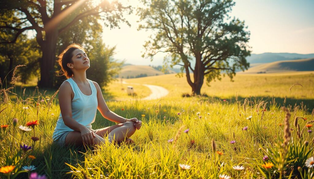 A serene, sun-dappled meadow, lush with verdant grasses and vibrant wildflowers. In the foreground, a person sits cross-legged, eyes closed, radiating a sense of inner peace and focus. Around them, warm rays of light filter through swaying trees, creating a soft, dream-like ambiance. In the middle ground, a path winds its way, representing the journey towards financial abundance, while in the distance, rolling hills and a clear, azure sky suggest the boundless potential that awaits. The overall scene evokes a feeling of tranquility, clarity, and a mindset primed for prosperity. A serene, sun-dappled meadow, lush with verdant grasses and vibrant wildflowers. In the foreground, a person sits cross-legged, eyes closed, radiating a sense of inner peace and focus. Around them, warm rays of light filter through swaying trees, creating a soft, dream-like ambiance. In the middle ground, a path winds its way, representing the journey towards financial abundance, while in the distance, rolling hills and a clear, azure sky suggest the boundless potential that awaits. The overall scene evokes a feeling of tranquility, clarity, and a mindset primed for prosperity.
