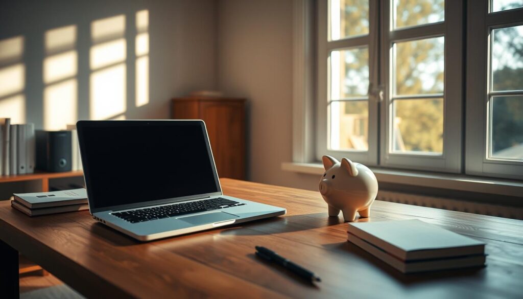 A simple home office setup with a laptop, a few books, and a piggy bank on a wooden desk. The room is filled with warm, natural light from a large window, casting soft shadows and highlighting the textures of the materials. The overall mood is one of calm and focus, conveying the idea of low-cost, long-term investing. The composition is balanced, with the laptop and piggy bank as the central focal points, and the books and desk adding depth and context to the scene. A simple home office setup with a laptop, a few books, and a piggy bank on a wooden desk. The room is filled with warm, natural light from a large window, casting soft shadows and highlighting the textures of the materials. The overall mood is one of calm and focus, conveying the idea of low-cost, long-term investing. The composition is balanced, with the laptop and piggy bank as the central focal points, and the books and desk adding depth and context to the scene.