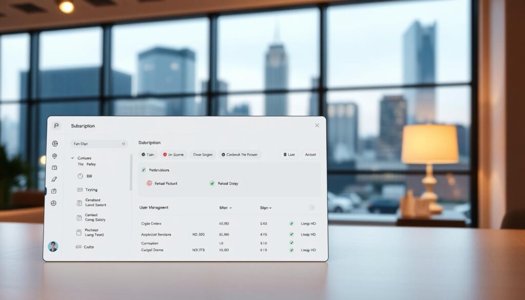 A sleek, minimalist software interface displaying subscription management controls. In the foreground, a clean dashboard with intuitive widgets for plan selection, billing, and user management. The middle ground features a modern, monochromatic design with subtle gradients and clean typography. In the background, a blurred cityscape through large windows, conveying a sense of sophistication and professionalism. Soft, indirect lighting casts a warm glow, creating a calm and productive atmosphere. The overall aesthetic is streamlined and user-friendly, reflecting the efficiency of a well-designed subscription management system.
