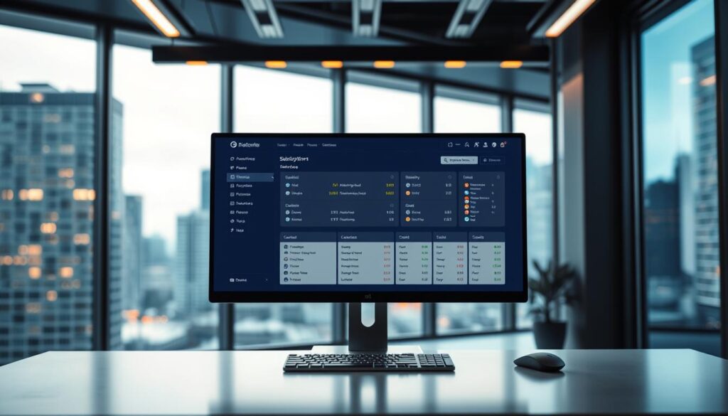 A sleek, modern office workspace with a large computer monitor displaying a subscription management software interface. The monitor is positioned on a minimalist desk with a keyboard and mouse. Warm, directional lighting from above casts a soft glow, highlighting the software's clean, intuitive design. In the background, a blurred cityscape view through large windows suggests a bustling urban environment. The overall atmosphere conveys a sense of efficiency, organization, and technological sophistication, reflecting the capabilities of the subscription management software.