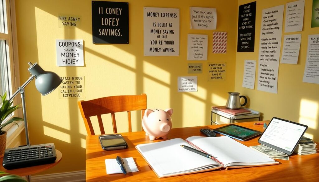 A sunny, well-lit home office with a wooden desk and chair. On the desk, an open notebook, a pen, and a piggy bank. Scattered around are various money-saving tools and techniques - a calculator, a coupon organizer, a budgeting app on a tablet, and a small stack of bills. The walls are adorned with motivational money-saving quotes and checklists. The overall atmosphere is organized, focused, and inspiring, conveying the idea of thoughtful financial planning for irregular expenses.