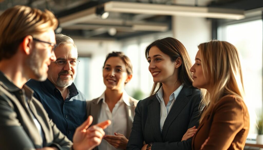 A team of professionals engaged in a thoughtful discussion, their expressions reflecting deep consideration and emotional connection. The scene is bathed in warm, natural lighting, captured with a shallow depth of field that draws the viewer's eye to the individuals' faces and body language. The background is slightly blurred, hinting at a modern, collaborative workspace. The overall atmosphere conveys a sense of productive, empathetic communication - the essence of emotional intelligence at work.