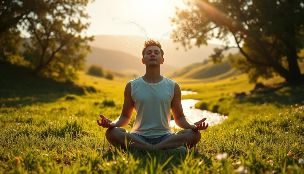 A tranquil, sun-dappled meadow, where a serene, contemplative figure sits cross-legged, eyes closed, palms upturned. The figure's expression is one of calm focus, as wisps of thought energy emanate from their mind, shimmering with hues of gold and silver. In the middle ground, a sparkling stream winds its way through the lush, verdant landscape, reflecting the warm, ethereal light. Distant hills rise up, bathed in a soft, golden glow, creating a sense of expansiveness and possibility. The overall mood is one of clarity, inner peace, and a growing sense of financial confidence and abundance. A tranquil, sun-dappled meadow, where a serene, contemplative figure sits cross-legged, eyes closed, palms upturned. The figure's expression is one of calm focus, as wisps of thought energy emanate from their mind, shimmering with hues of gold and silver. In the middle ground, a sparkling stream winds its way through the lush, verdant landscape, reflecting the warm, ethereal light. Distant hills rise up, bathed in a soft, golden glow, creating a sense of expansiveness and possibility. The overall mood is one of clarity, inner peace, and a growing sense of financial confidence and abundance.