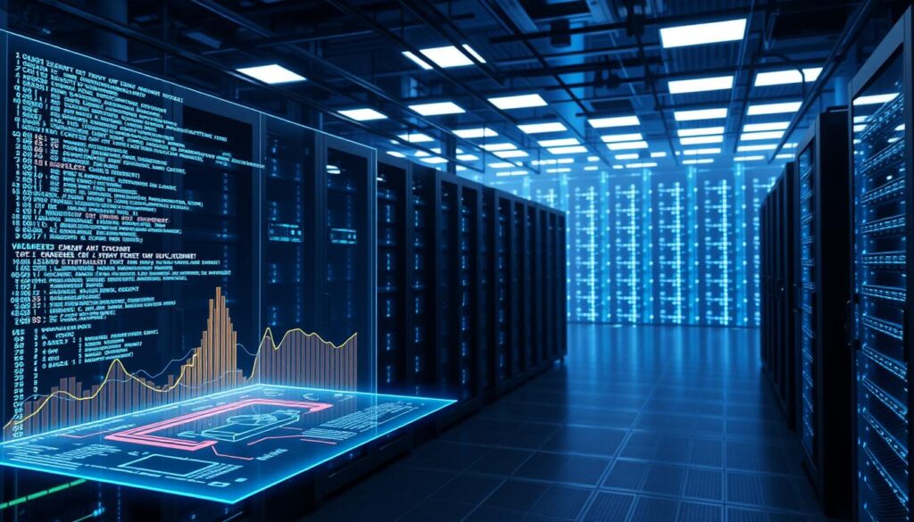 A vast, luminous data center filled with rows of sleek, high-powered mining rigs. Bright blue-white LED lights illuminate the efficient machinery, casting dramatic shadows across the scene. In the foreground, a holographic display projects a dynamic visualization of the cryptocurrency mining process, with cascading lines of code and vibrant graphs charting the flow of digital currency. The background fades into a softly glowing grid of networked servers, conveying the immense scale and complexity of the cryptocurrency mining ecosystem. Moody, atmospheric lighting creates a sense of technological wonder and the relentless, unforgiving nature of this digital frontier. A vast, luminous data center filled with rows of sleek, high-powered mining rigs. Bright blue-white LED lights illuminate the efficient machinery, casting dramatic shadows across the scene. In the foreground, a holographic display projects a dynamic visualization of the cryptocurrency mining process, with cascading lines of code and vibrant graphs charting the flow of digital currency. The background fades into a softly glowing grid of networked servers, conveying the immense scale and complexity of the cryptocurrency mining ecosystem. Moody, atmospheric lighting creates a sense of technological wonder and the relentless, unforgiving nature of this digital frontier.