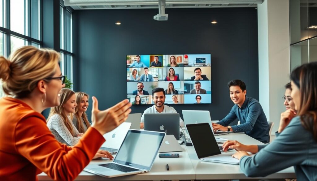 A vibrant and dynamic virtual classroom, with a energetic online coach guiding a diverse group of students. The foreground shows the coach, their face alight with enthusiasm, gesturing as they deliver an engaging lecture. The middle ground features a collection of laptops, tablets, and video call windows, representing the students actively participating. The background depicts a sleek, modern office space, with large windows allowing natural light to stream in, creating a warm and productive atmosphere. The overall scene conveys the key benefits of online coaching - accessibility, personalized attention, and the ability to learn from the comfort of one's own space.