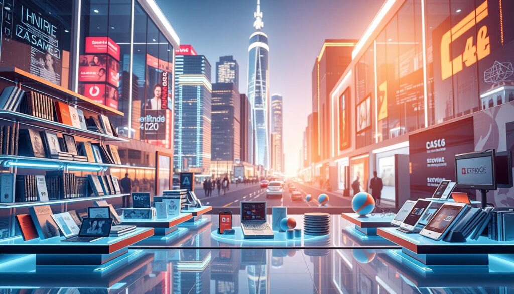 A vibrant digital marketplace, showcasing an array of virtual products against a sleek, futuristic backdrop. In the foreground, various digital items such as ebooks, software, and multimedia assets are displayed on futuristic holographic shelves. The middle ground features 3D models of these products, rotating and interacting with one another. In the background, a cityscape of gleaming skyscrapers and neon-lit streets sets the scene, evoking a sense of technological progress and innovation. Soft, warm lighting illuminates the scene, creating a welcoming and inviting atmosphere. The overall composition conveys a dynamic, cutting-edge marketplace where digital entrepreneurs can showcase and sell their innovative products. A vibrant digital marketplace, showcasing an array of virtual products against a sleek, futuristic backdrop. In the foreground, various digital items such as ebooks, software, and multimedia assets are displayed on futuristic holographic shelves. The middle ground features 3D models of these products, rotating and interacting with one another. In the background, a cityscape of gleaming skyscrapers and neon-lit streets sets the scene, evoking a sense of technological progress and innovation. Soft, warm lighting illuminates the scene, creating a welcoming and inviting atmosphere. The overall composition conveys a dynamic, cutting-edge marketplace where digital entrepreneurs can showcase and sell their innovative products.