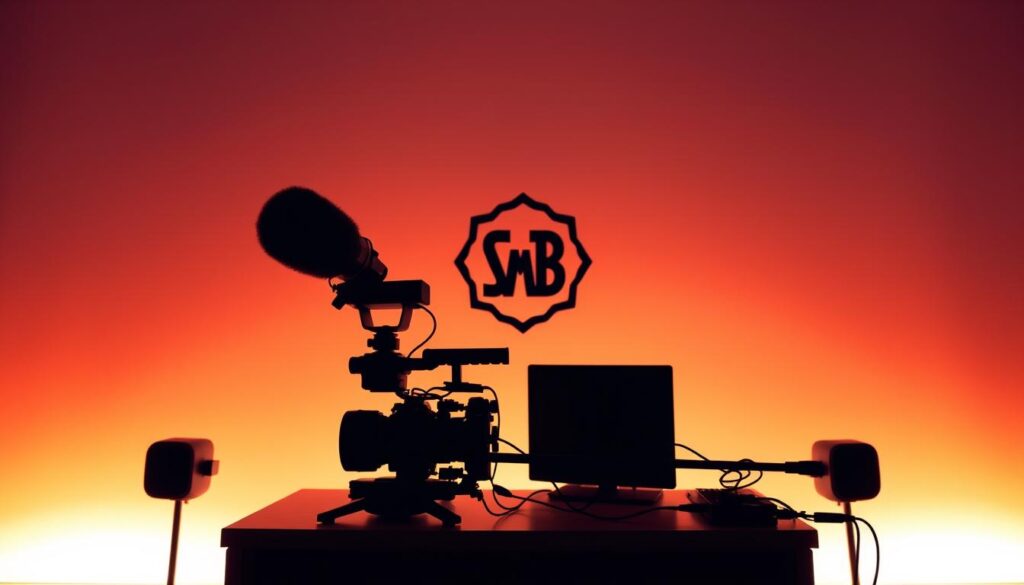 A vibrant live streaming setup against a sleek, minimalist backdrop. In the foreground, a professional-grade camera and microphone sit atop a sturdy desk, bathed in warm, directional lighting that casts dramatic shadows. The middle ground features a stylized brand logo or monogram, rendered in bold, dynamic typography that commands attention. In the background, a plain, neutral-toned wall serves as a clean canvas, allowing the gear and branding to take center stage. The overall scene conveys a sense of polished professionalism, hinting at the high-quality content and engaging presence of the live streamer.