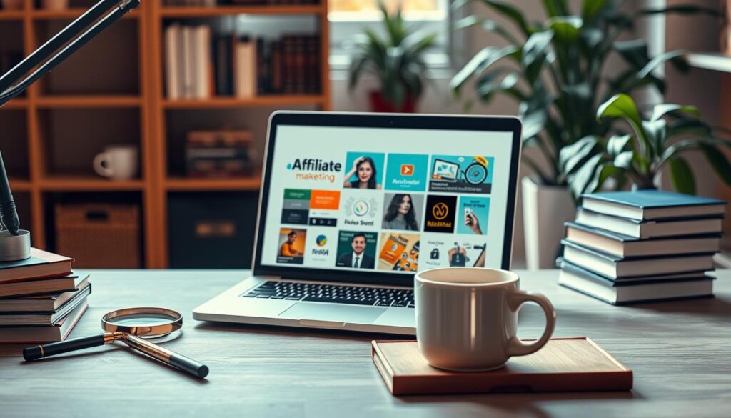 A warm, inviting office scene with a stylish desk and workspace setup. The main focus is a laptop displaying various niches related to affiliate marketing, surrounded by carefully selected props like a magnifying glass, a stack of books, and a mug of coffee. The lighting is soft and natural, creating a cozy atmosphere. The background features a bookshelf and plants, conveying a sense of professionalism and productivity. The overall composition is balanced and visually appealing, guiding the viewer's attention to the central laptop display. A warm, inviting office scene with a stylish desk and workspace setup. The main focus is a laptop displaying various niches related to affiliate marketing, surrounded by carefully selected props like a magnifying glass, a stack of books, and a mug of coffee. The lighting is soft and natural, creating a cozy atmosphere. The background features a bookshelf and plants, conveying a sense of professionalism and productivity. The overall composition is balanced and visually appealing, guiding the viewer's attention to the central laptop display.