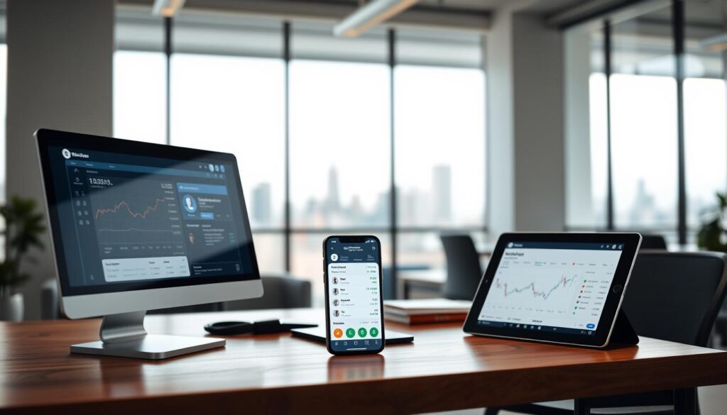 A well-lit, modern office setting with a desktop computer, smartphone, and tablet arranged neatly on a wooden desk. The foreground features a user-friendly investing app displayed on the devices, showcasing intuitive features and clear data visualizations. The middle ground includes subtle financial graphs and charts, conveying the analytical capabilities of the app. The background depicts a blurred cityscape through a large window, suggesting the app's connectivity to the broader financial landscape. The overall atmosphere is calm, professional, and accessible, reflecting the app's suitability for beginner investors.
