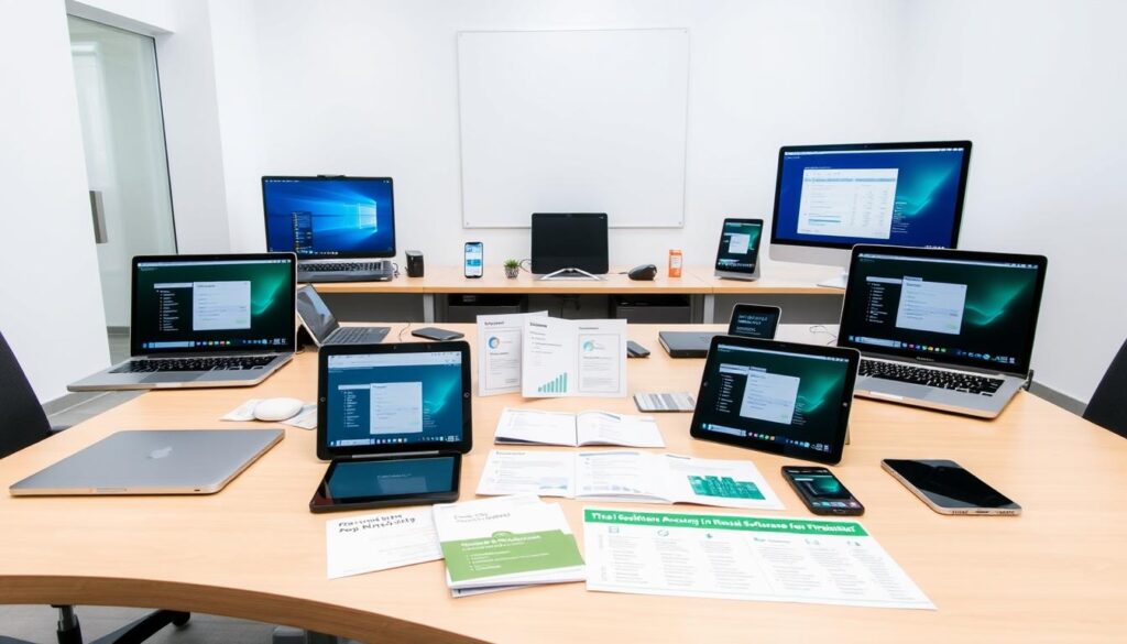 A well-lit, modern office setting with a large desk showcasing various accounting software packages for freelancers. In the foreground, several laptops, tablets, and mobile devices are neatly arranged, displaying their user interfaces and features. The middle ground features promotional materials, brochures, and product comparisons laid out on the desk, inviting the viewer to explore the options. The background has minimalist, clean walls with a large window providing natural lighting and a sense of professionalism. The overall atmosphere conveys a sense of productivity, organization, and informed decision-making for freelancers in need of robust accounting solutions.