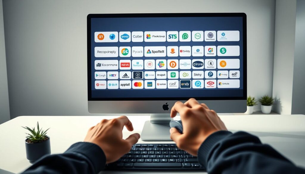 A well-lit, modern office setting with a large, sleek computer monitor displaying an array of ecommerce platform logos and icons. In the foreground, a person's hands are shown operating a mouse and keyboard, navigating through the various platform options. The background features a minimalist, clean desk space with a few potted plants and office supplies, evoking a professional, productive atmosphere. The lighting is soft and directional, casting subtle shadows and highlights to create depth and dimension. The overall mood is one of focus, research, and careful consideration as the person explores the different ecommerce solutions available. A well-lit, modern office setting with a large, sleek computer monitor displaying an array of ecommerce platform logos and icons. In the foreground, a person's hands are shown operating a mouse and keyboard, navigating through the various platform options. The background features a minimalist, clean desk space with a few potted plants and office supplies, evoking a professional, productive atmosphere. The lighting is soft and directional, casting subtle shadows and highlights to create depth and dimension. The overall mood is one of focus, research, and careful consideration as the person explores the different ecommerce solutions available.