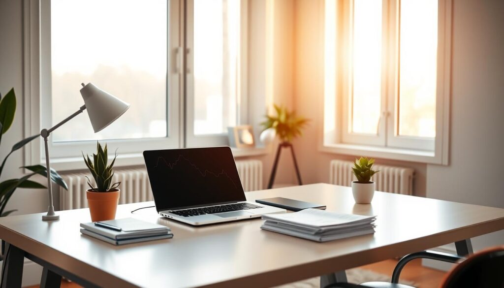 A well-lit, neatly organized home office with a sleek, minimalist desk, a laptop, a neat stack of financial documents, and a small potted plant. The room is bathed in warm, natural lighting filtering through large windows, creating a serene and focused atmosphere. A stylized graph or chart is displayed on the laptop screen, reflecting the latest financial trends and insights. The overall scene conveys a sense of professionalism, organization, and a forward-thinking approach to freelance financial management. A well-lit, neatly organized home office with a sleek, minimalist desk, a laptop, a neat stack of financial documents, and a small potted plant. The room is bathed in warm, natural lighting filtering through large windows, creating a serene and focused atmosphere. A stylized graph or chart is displayed on the laptop screen, reflecting the latest financial trends and insights. The overall scene conveys a sense of professionalism, organization, and a forward-thinking approach to freelance financial management.