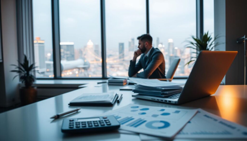 A well-lit office setting, with a desk in the foreground featuring a laptop, calculator, and a stack of financial documents. In the middle ground, a person sitting at the desk, deep in thought, surrounded by charts, graphs, and financial planning tools. In the background, a large window overlooking a cityscape, conveying a sense of progress and financial stability. The lighting is soft and warm, creating a contemplative and focused atmosphere. The overall scene evokes a sense of thoughtful financial planning, with attention to detail and a forward-looking perspective. A well-lit office setting, with a desk in the foreground featuring a laptop, calculator, and a stack of financial documents. In the middle ground, a person sitting at the desk, deep in thought, surrounded by charts, graphs, and financial planning tools. In the background, a large window overlooking a cityscape, conveying a sense of progress and financial stability. The lighting is soft and warm, creating a contemplative and focused atmosphere. The overall scene evokes a sense of thoughtful financial planning, with attention to detail and a forward-looking perspective.