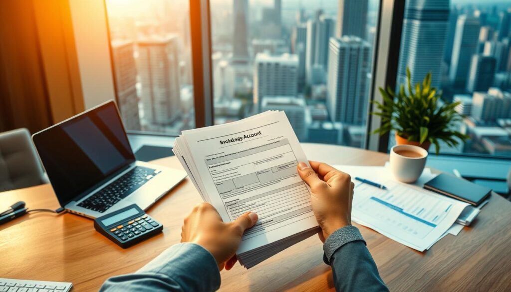 A well-lit office workspace with a wooden desk, a laptop, and various financial documents. In the foreground, a person's hands are carefully selecting from a stack of brokerage account application forms, while a financial calculator and a cup of coffee sit nearby, creating a sense of focused decision-making. The background features a large window overlooking a bustling city skyline, evoking a professional and aspirational atmosphere. The lighting is warm and inviting, creating a sense of thoughtfulness and diligence in the process of choosing the right brokerage account. A well-lit office workspace with a wooden desk, a laptop, and various financial documents. In the foreground, a person's hands are carefully selecting from a stack of brokerage account application forms, while a financial calculator and a cup of coffee sit nearby, creating a sense of focused decision-making. The background features a large window overlooking a bustling city skyline, evoking a professional and aspirational atmosphere. The lighting is warm and inviting, creating a sense of thoughtfulness and diligence in the process of choosing the right brokerage account.
