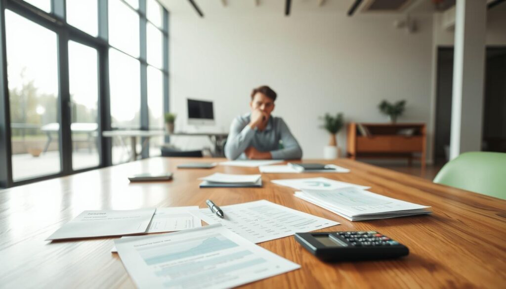 A well-lit room with a wooden table in the foreground, upon which various financial documents, a calculator, and a pen are neatly arranged. The middle ground features a person sitting at the table, deep in thought, contemplating their debt repayment strategy. The background showcases a modern, minimalist office setting with floor-to-ceiling windows, allowing natural light to flood the space. The overall atmosphere conveys a sense of focus, organization, and a determined approach to tackling financial challenges. A well-lit room with a wooden table in the foreground, upon which various financial documents, a calculator, and a pen are neatly arranged. The middle ground features a person sitting at the table, deep in thought, contemplating their debt repayment strategy. The background showcases a modern, minimalist office setting with floor-to-ceiling windows, allowing natural light to flood the space. The overall atmosphere conveys a sense of focus, organization, and a determined approach to tackling financial challenges.