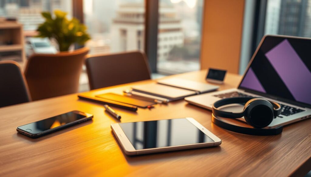 An office desk with various digital monetization tools neatly arranged, including a smartphone, tablet, laptop, and accessories like a stylus and headphones. Warm, natural lighting illuminates the scene, creating a professional and productive atmosphere. The background features a blurred cityscape or office environment, suggesting a corporate or entrepreneurial setting. The overall composition conveys a sense of efficiency, organization, and the potential for passive income opportunities. An office desk with various digital monetization tools neatly arranged, including a smartphone, tablet, laptop, and accessories like a stylus and headphones. Warm, natural lighting illuminates the scene, creating a professional and productive atmosphere. The background features a blurred cityscape or office environment, suggesting a corporate or entrepreneurial setting. The overall composition conveys a sense of efficiency, organization, and the potential for passive income opportunities.