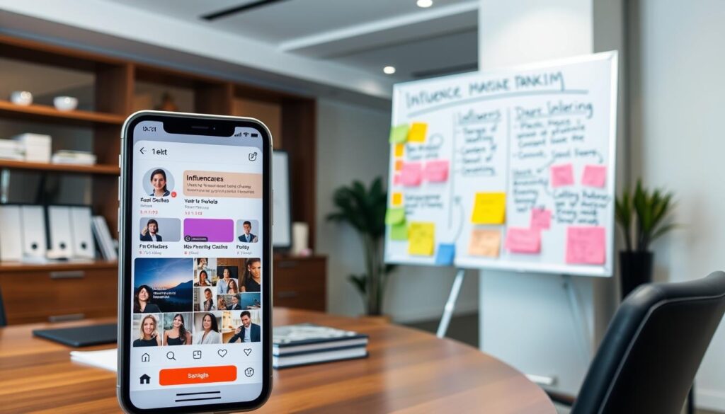 Elegant office interior with a large wooden desk, a modern computer monitor, and a stack of business documents. In the foreground, a smartphone displays social media profiles of various influencers, highlighting their engagement metrics and follower counts. The middle ground features a well-organized whiteboard with colorful sticky notes outlining a strategic influencer marketing campaign, including target audiences, content themes, and key performance indicators. The background is softly lit, creating a professional and focused atmosphere conducive to strategic planning.