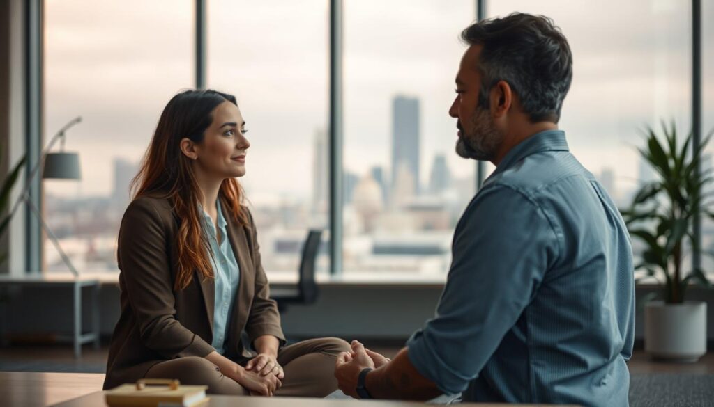 Emotional intelligence in conflict resolution: A meditative scene of two professionals engaged in thoughtful discussion, their expressions conveying empathy and understanding. The foreground features the figures, faces softly lit, bodies angled towards each other in an atmosphere of calm deliberation. The middle ground depicts a serene office setting, with muted colors and minimal furnishings creating a contemplative ambiance. The background suggests an expansive window overlooking a city skyline, hinting at the broader context and the importance of emotional awareness in navigating workplace dynamics. Lens: 50mm, Lighting: Soft, diffused.