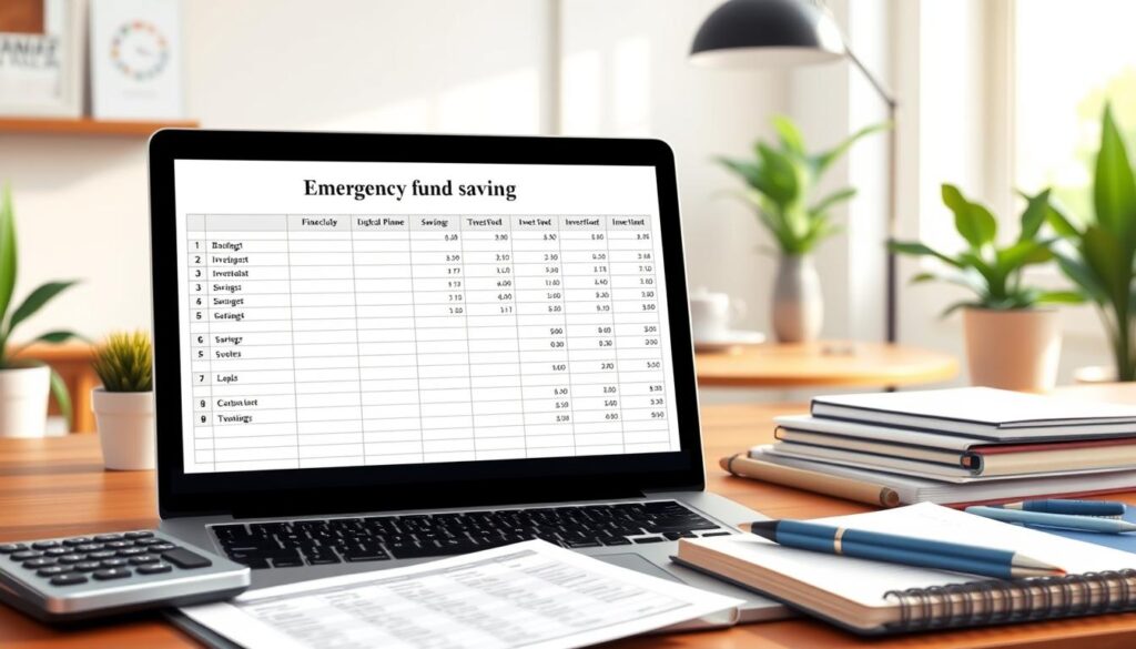 a high-quality, detailed digital illustration of an emergency fund savings planner. in the foreground, a clean, modern financial planner spreadsheet displayed on a laptop screen, with rows and columns showing budgeting, savings, and investment categories. in the middle ground, various financial planning tools and documents, such as a calculator, pen, and notebook. in the background, a warm, minimalist office setting with a wooden desk, plants, and natural lighting streaming in through a window. the overall mood is organized, focused, and solution-oriented, conveying a sense of preparedness and financial security. a high-quality, detailed digital illustration of an emergency fund savings planner. in the foreground, a clean, modern financial planner spreadsheet displayed on a laptop screen, with rows and columns showing budgeting, savings, and investment categories. in the middle ground, various financial planning tools and documents, such as a calculator, pen, and notebook. in the background, a warm, minimalist office setting with a wooden desk, plants, and natural lighting streaming in through a window. the overall mood is organized, focused, and solution-oriented, conveying a sense of preparedness and financial security.