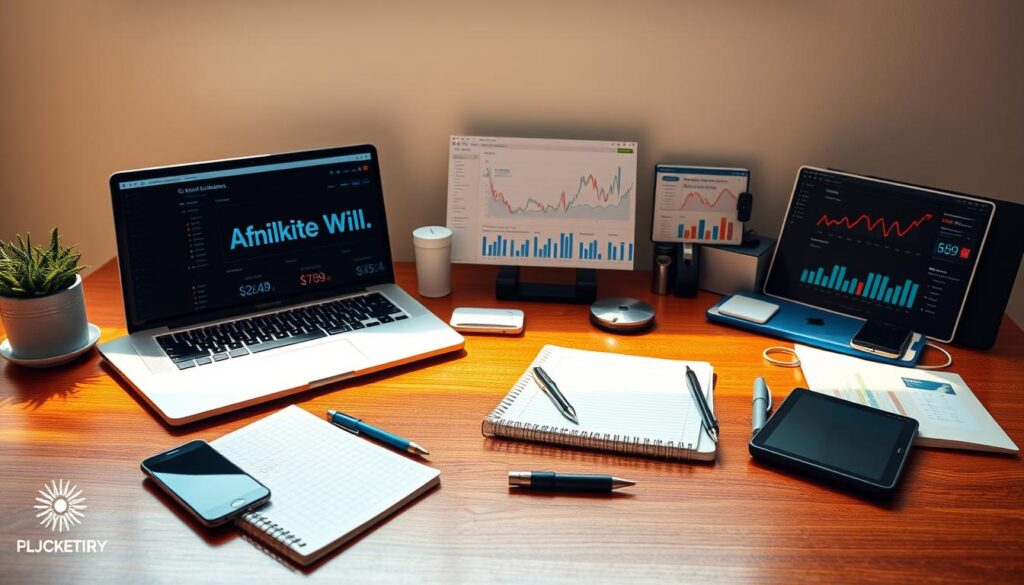 a highly detailed, ultra-realistic, 8K image of an assortment of affiliate marketing tools arranged on a polished wooden desk, with a clean, minimalist background. The tools include a laptop, smartphone, notepad, pen, USB drive, and various online marketing analytics and management software. The lighting is warm and natural, creating a professional and productive atmosphere. The composition is balanced and visually appealing, highlighting the key affiliate marketing tools in an organized and visually engaging manner. a highly detailed, ultra-realistic, 8K image of an assortment of affiliate marketing tools arranged on a polished wooden desk, with a clean, minimalist background. The tools include a laptop, smartphone, notepad, pen, USB drive, and various online marketing analytics and management software. The lighting is warm and natural, creating a professional and productive atmosphere. The composition is balanced and visually appealing, highlighting the key affiliate marketing tools in an organized and visually engaging manner.