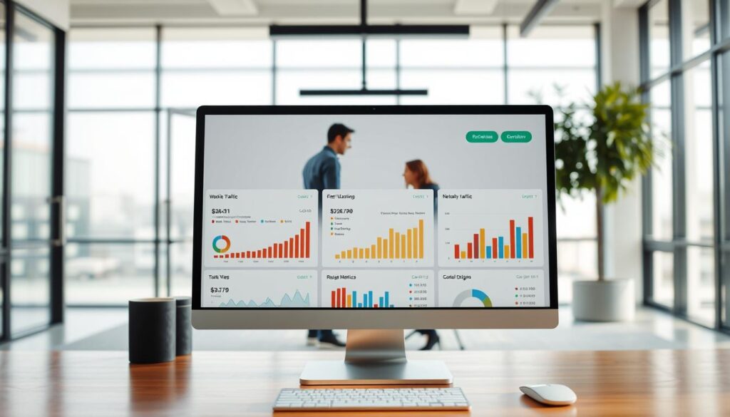 a well-designed e-commerce website with a focus on conversion rate optimization, set against a backdrop of a modern, minimalist office environment. In the foreground, a desktop computer displays a dashboard with analytics and metrics, highlighting key performance indicators related to website traffic, customer behavior, and sales conversion. The middle ground features a team of professionals collaborating around a conference table, discussing strategies to improve the website's user experience and drive more sales. The background showcases large windows with natural lighting, creating a bright and airy atmosphere that reflects the company's commitment to innovation and growth. The overall scene conveys a sense of professionalism, attention to detail, and a data-driven approach to e-commerce optimization.